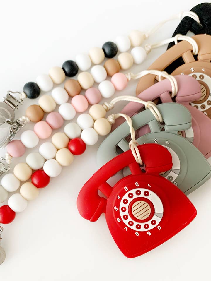 Rotary Dial Phone Teether with Beaded Clip - Baby Essential for wholesale by Gummy Chic