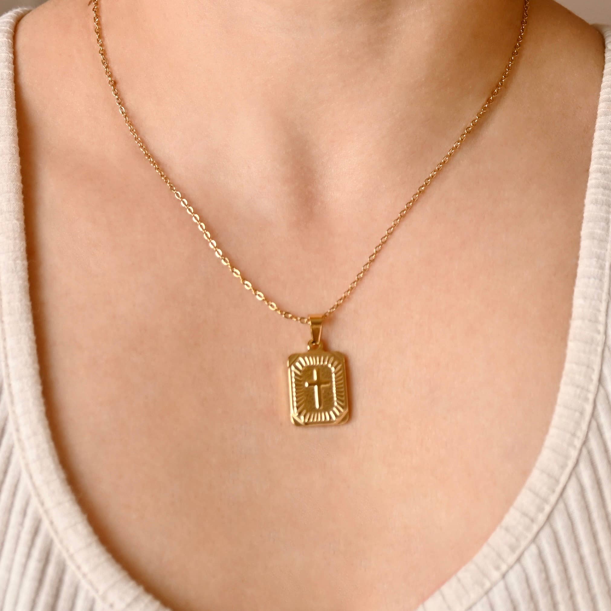 Blueyejewelry - Wholesale Pendant/Charm Necklace - Rectangle Cross Necklace- Tarnish-free Texture Cross Pendant7