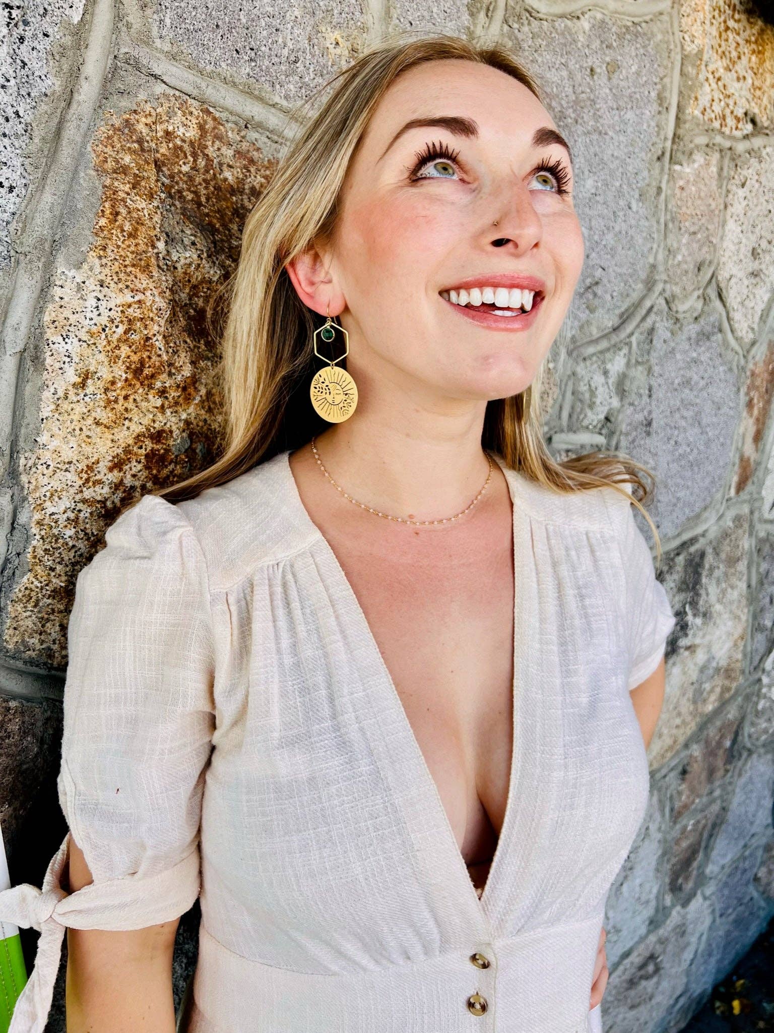 Moxie Collective (formerly Atonement Design) - Wholesale Dangle Earrings - Brass Garden Sun Earrings in Sea Green1