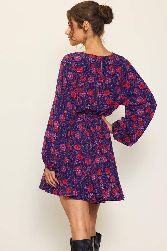 Grape Red Long Sleeve Floral Printed Circle Skirt Mini Dress for wholesale on Faire2