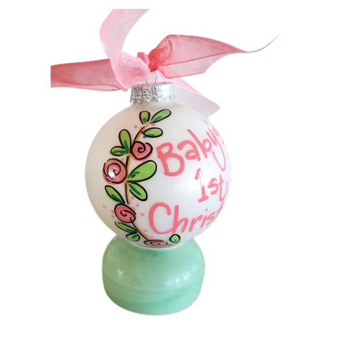 Kirsten in Color - Wholesale Ornament - Babys' First Cristmas pink hand painted glass ornament1