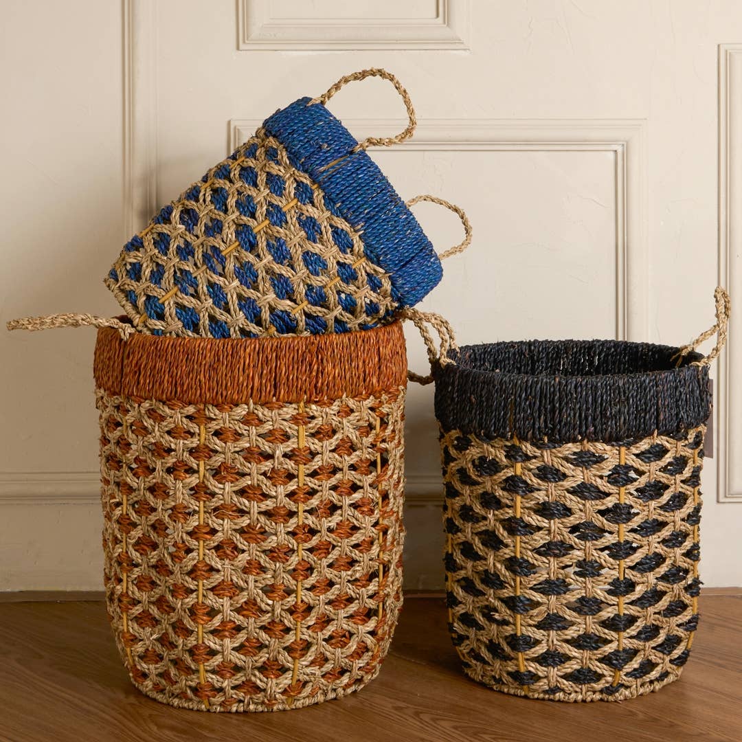 Natural Artisan Home - Wholesale Basket - Handwoven Color-Block Seagrass Basket Set 3