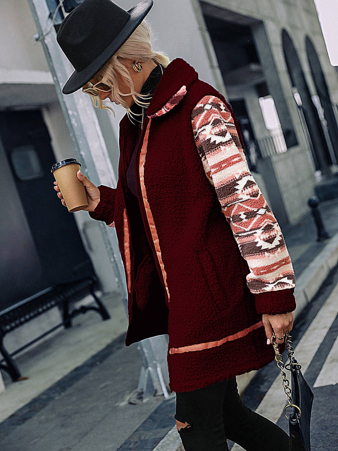 HIDDENBRAND - Wholesale Fur/Faux Fur Coat - Women's - Aztec patchwork sherpa zip coat19