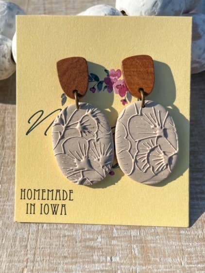 Beige clay texturized oval drops with wood stud for wholesale by Nina’s Attic