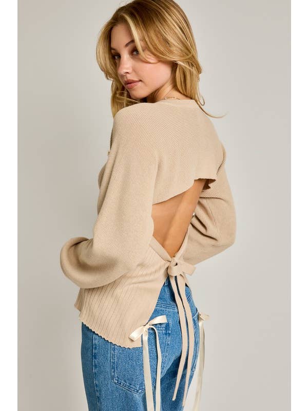 Beige Long Sleeve Crew Neck Ribbed Open Back Sweater for wholesale on Faire