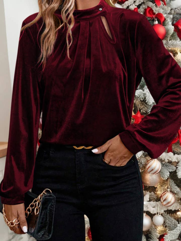 Asymmetric Button Keyhole Neck Long Sleeve Velvet Blouse for wholesale by 66DISCO