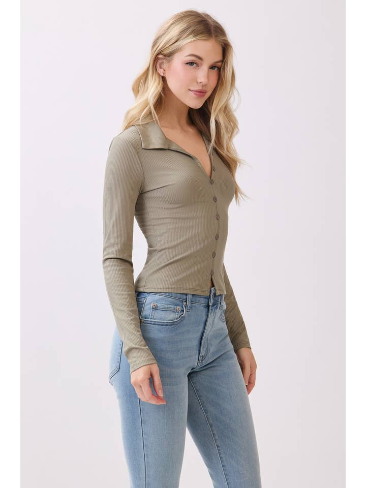 Heart & Hips - Wholesale Knit Top - Women's - RT56235L - BUTTON FRONT LOOP POLO LONG SLV TOP1