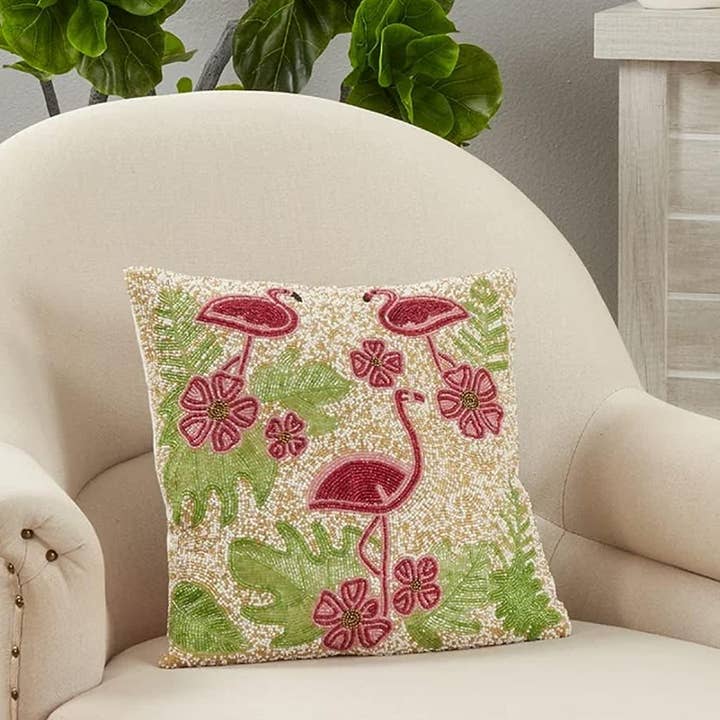 Coussin décoratif en coton avec flamant tropical perlé 16" pour la vente par Fennco Styles