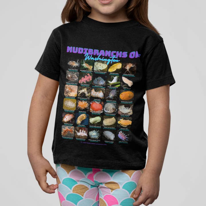 I LOVE NUDIS - Wholesale Screen Printed T-Shirt - Kids - I LOVE NUDIS™ Nudibranchs of Washington Black Kids Softstyle Tee with Photos & Common/Scientific Names3