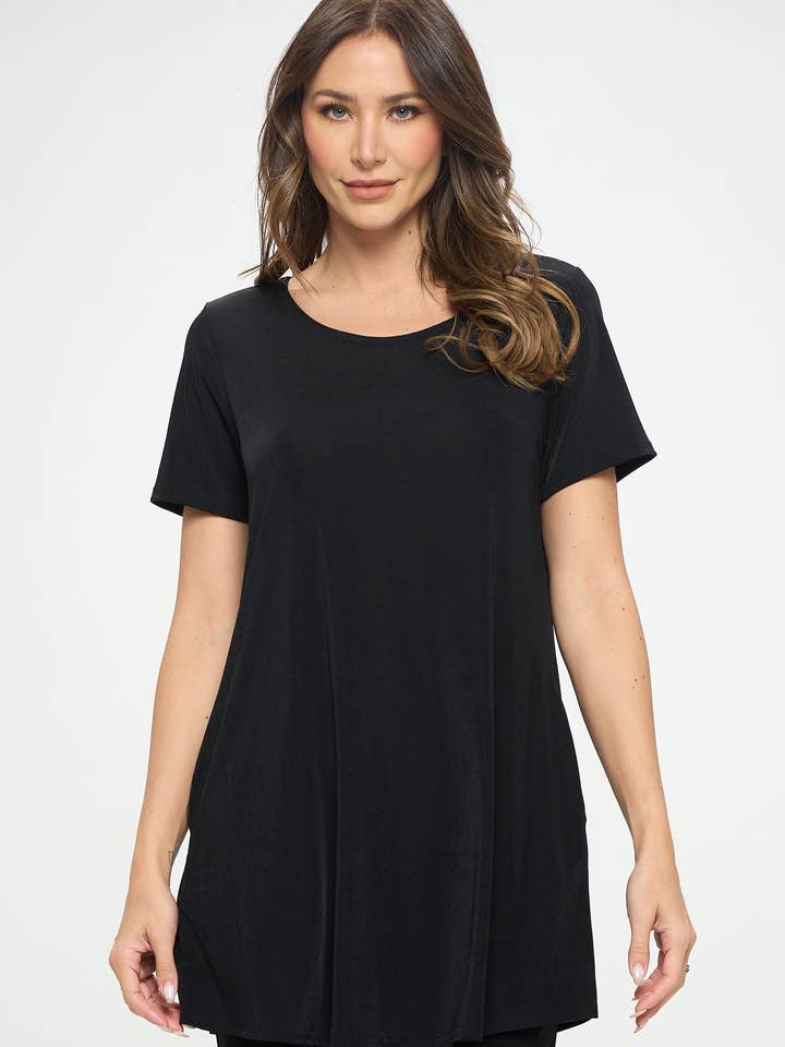 Round Neck Short Sleeve Top with Pockets-386BN-SRS1-K for wholesale by Jostar