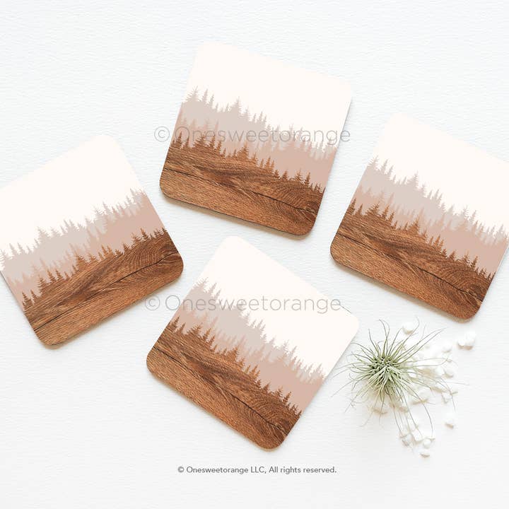 Cork Coaster Set of 4 Forest Wood Print Coasters Coaster Set for wholesale by Onesweetorange