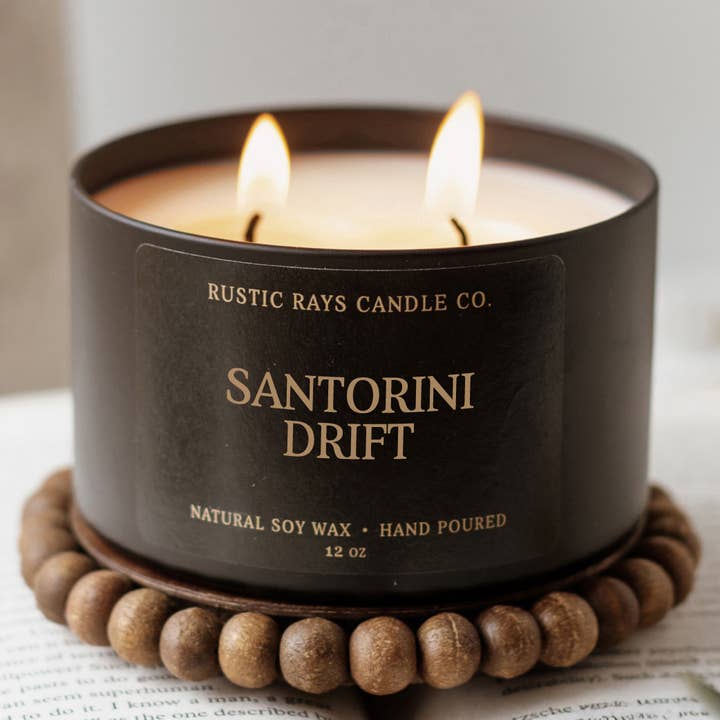 Santorini Drift 12 oz Soy Candle - Spring Home Decor - NEW for wholesale by Rustic Rays Candle Co.