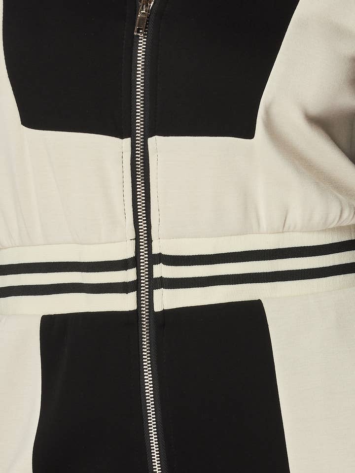 Black Just Fine Stripe Color Block Track Jumpsuit (HDR32861) for wholesale on Faire