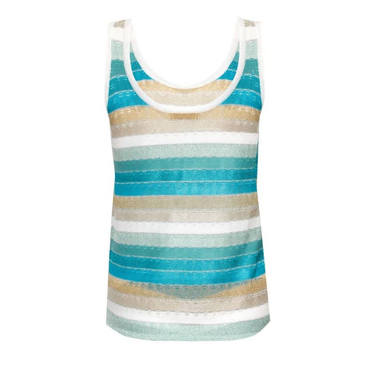 STRIPED TANK TOP IN DROP STITCH KNIT WHITE/MINT for wholesale by Ruth Erotokritou Knitwear