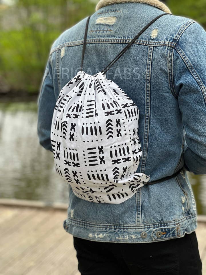 African Print Drawstring Bag / Gym Sack / School bag / Ankara Backpack / Festival Bag - White / black bogolan for wholesale by AfricanFabs
