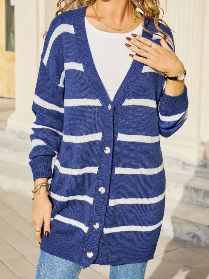 Striped Button-Down Knit Cardigan for wholesale by React Activewear
