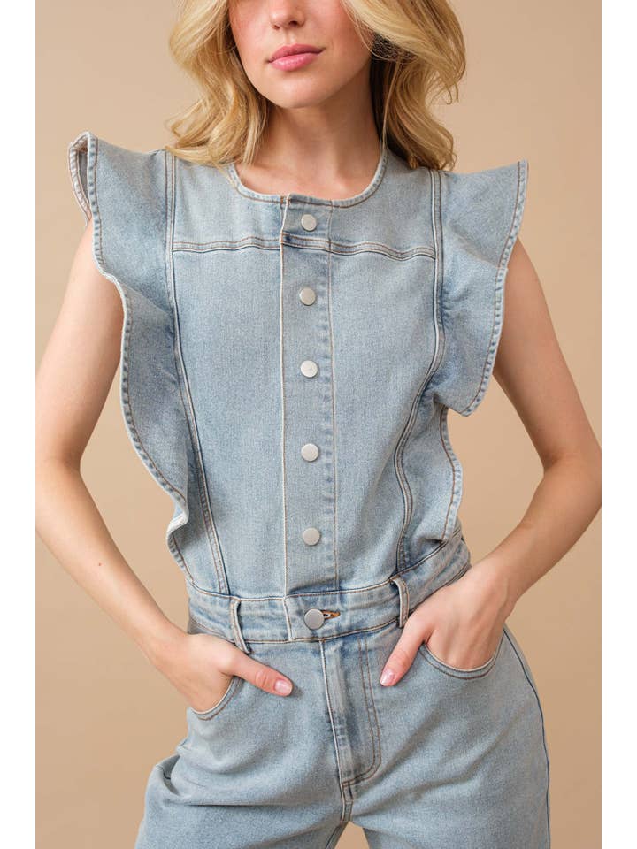 Blue B - Wholesale Jumpsuit - Women's - 22646R - Ruffle SLV Button Up Bell Bottom Denim Jumpsuit