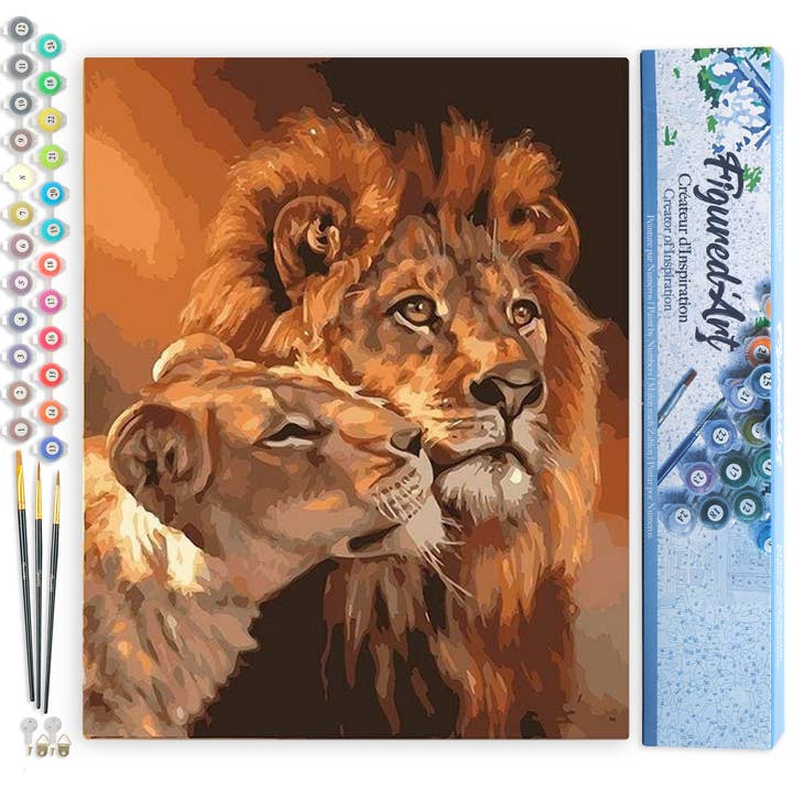 Figured'Art - Vente Kit de bricolage - Peinture par numéro Couple Lion et Lionne - Toile roulée