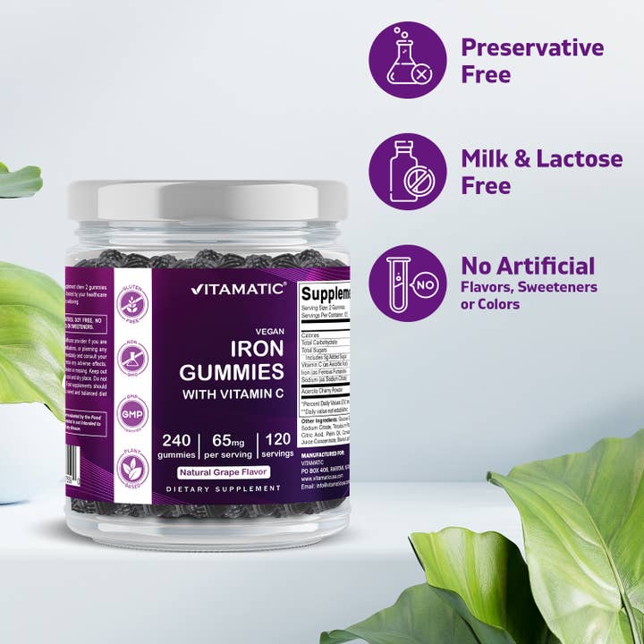 Vitamatic - Venta al por mayor Suplementos/vitaminas para beber - Vitamatic| Suplemento de Gominolas de Hierro 65 mg | 240 Gominolas Veganas