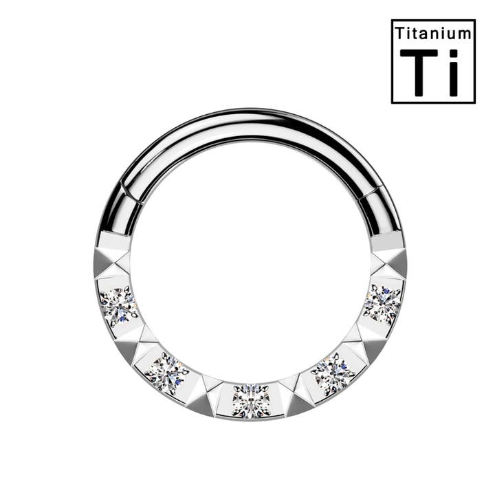 Awaken - Wholesale Single Earring - Titanium Clicker Ring with Pyramid Spikes and Crystals3