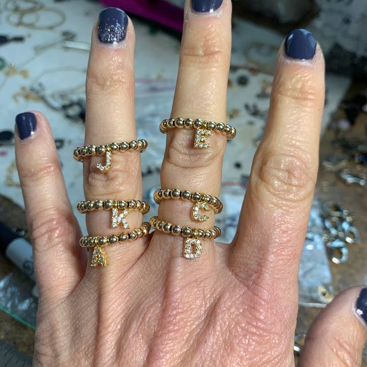 BMR - Wholesale Band/Stacked Ring - 3mm Gold Beaded Ring With Gold CZ Initials