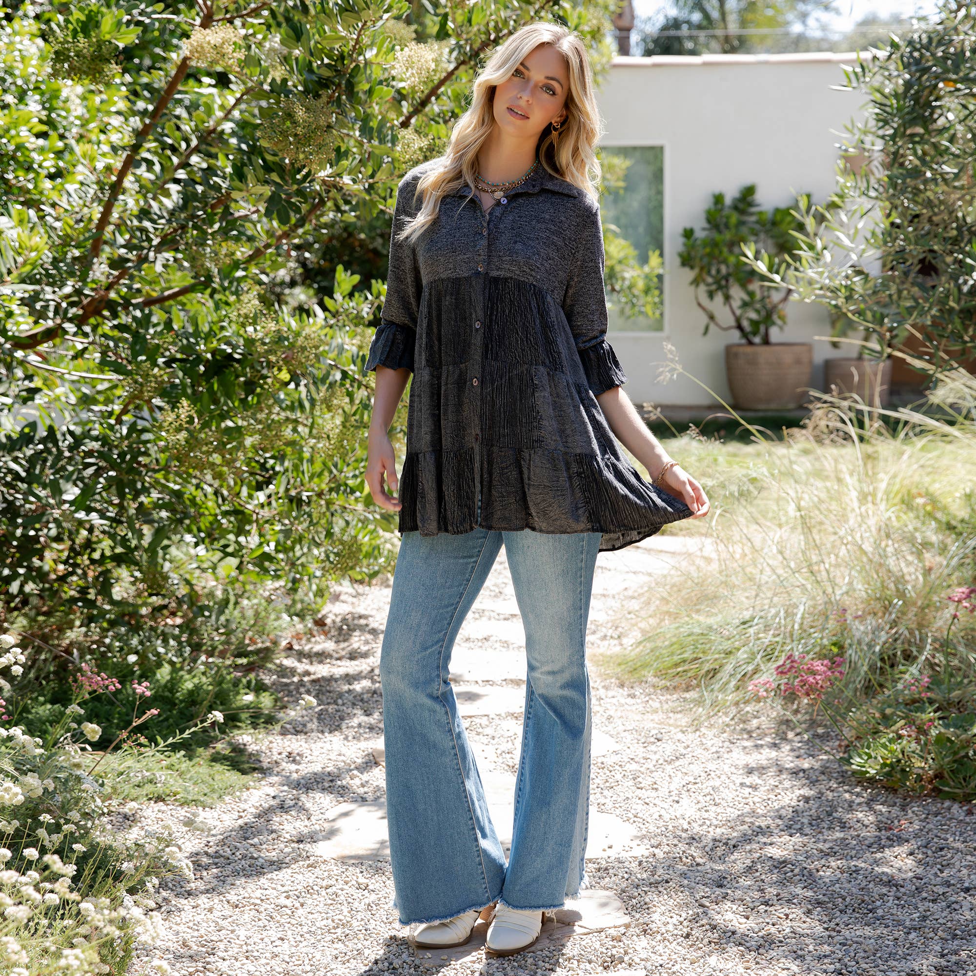 Young Threads - Wholesale Blouse - Women's - Western Denim Yoke Patchwork Tiered Tunic Top (New Color)51