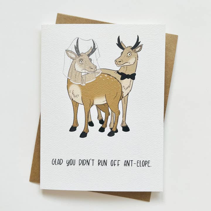 Funny Antelope Wedding/Engagement Greeting Card for wholesale by Little Cowboy Cards