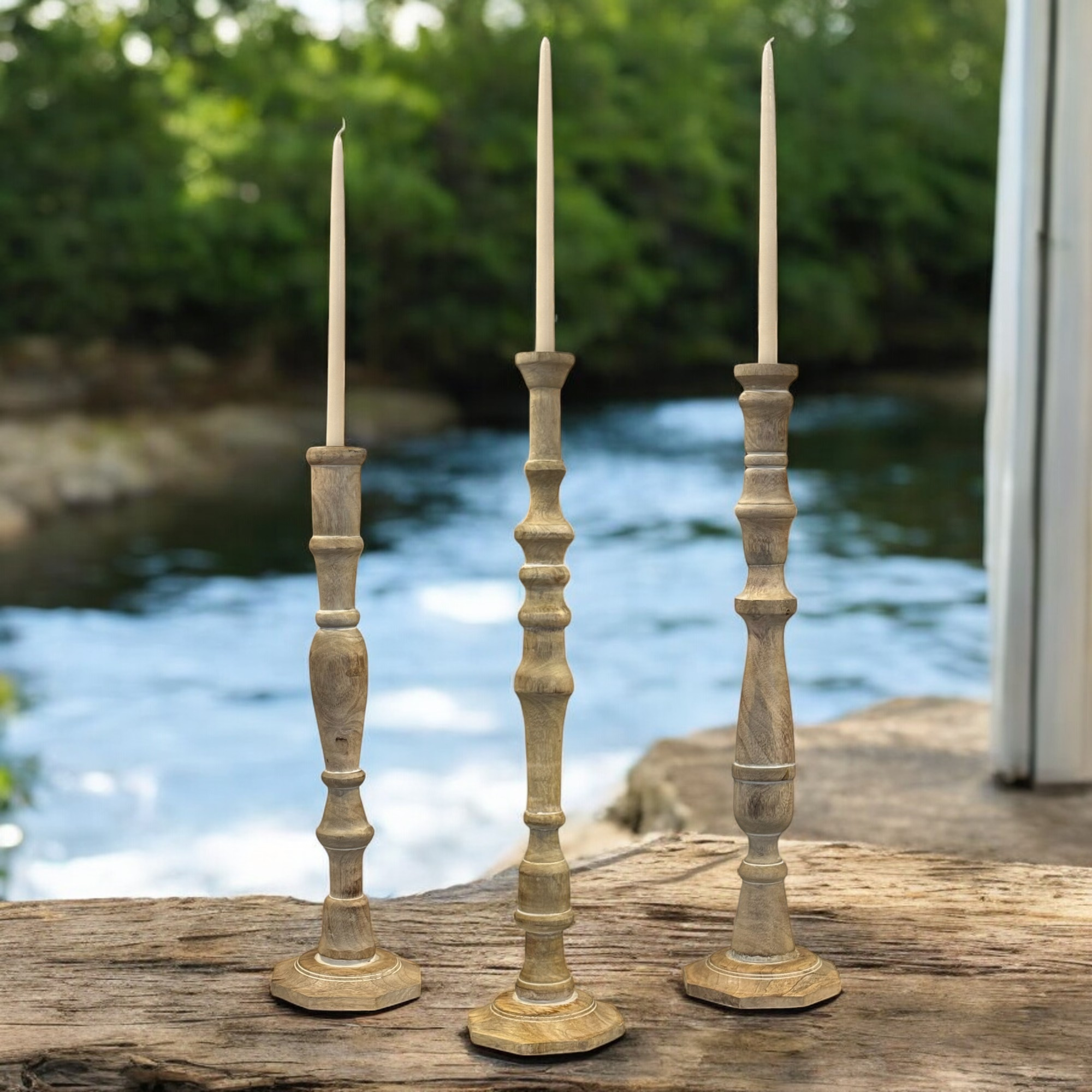 Wilco Home - Wholesale Candle Holder - Handmade Mango Wood "Emilt" Taper Candlestick Set of 3 8