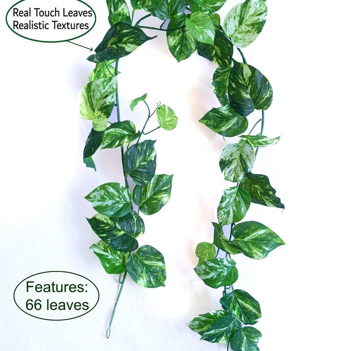 ES Essentials - Wholesale Bunting/Garland - Pothos Leaf Real Touch Garland 66" Marble1