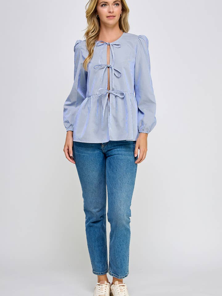 Ellison - Wholesale Blouse - Women's - TT-10190-6 LONG SLEEVE TIE FRONT PEPLUM BLOUSE BLUE