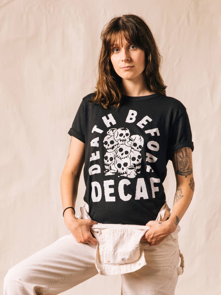 Pyknic - Wholesale Screen Printed T-Shirt - Unisex - Death Before Decaf Coffee Vintage Style Graphic Tee Adults6