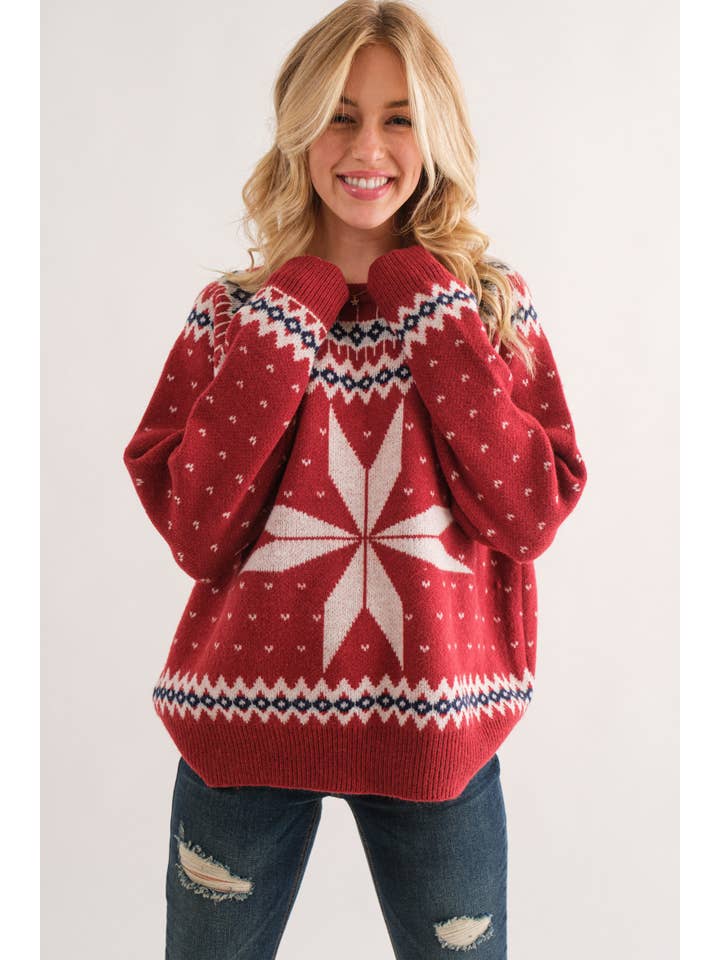 AND THE WHY - Wholesale Knit Sweater - Women's - ATW15229 - Holiday Snowflake Printed Pullover Sweater