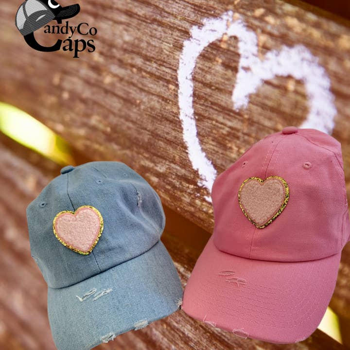 Heart chenille fuzzy Smiley Face Patch denim jean Hat cap for wholesale by The Candy Collections