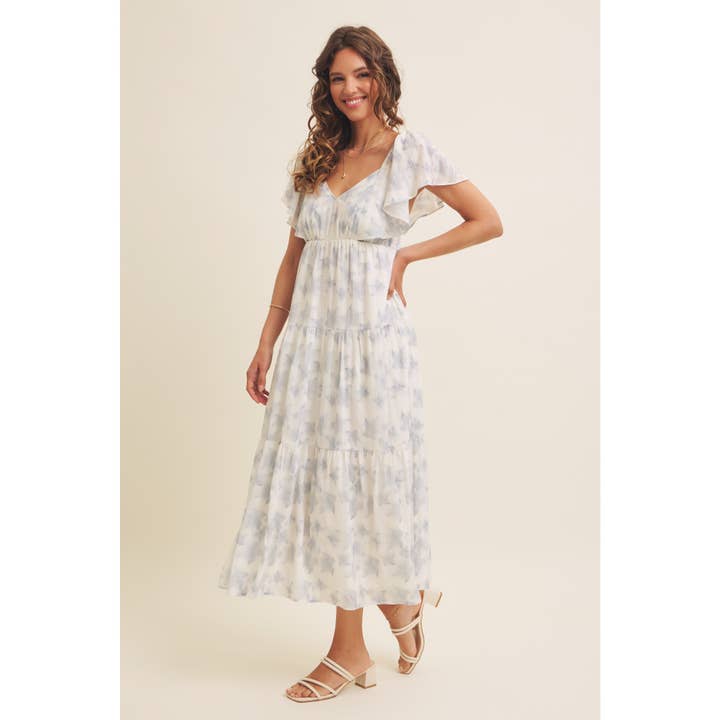 in february - Wholesale Dress - Women's - ROMANTIC FLORAL SHEER MIDI DRESS WITH FLUTTER SLEEVES