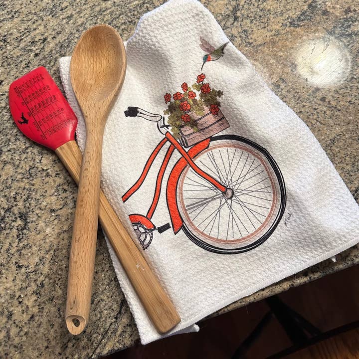 Waffle Towel - Bike with Geraniums and Hummingbird for wholesale by Red Cabin Studio