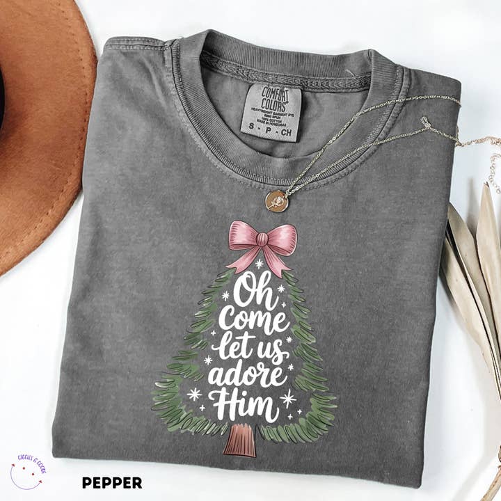 Glaime - Wholesale T-Shirt (Graphic) - Women's - Comfort Colors Oh Come Let Us Adore Him Shirt, Xmas Sweater2