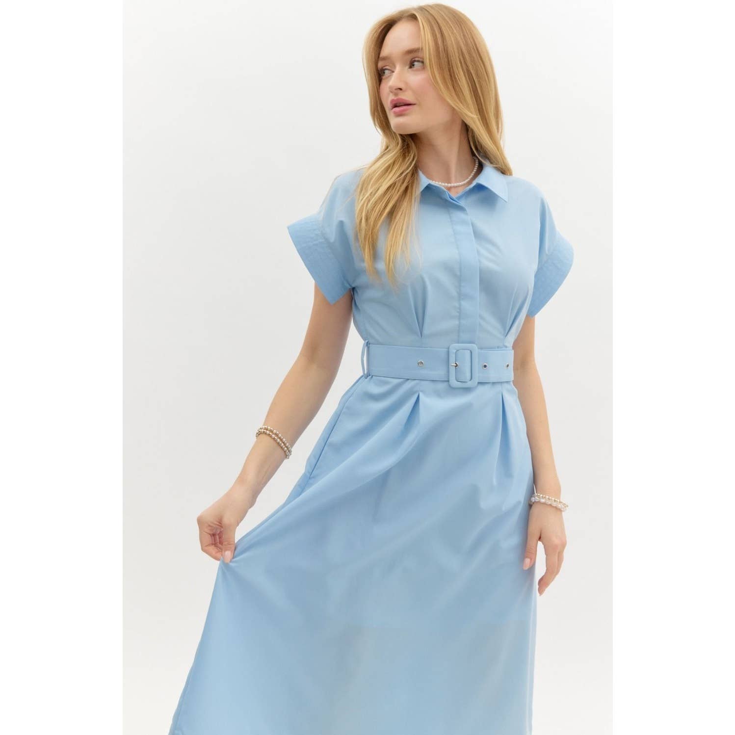 STYLE USA - Venta al por mayor Vestido - Mujer - Vestido midi con mangas cortas tipo ala y detalles de costura sólida19