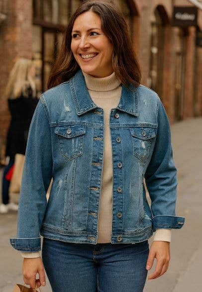 Kurt Muller – wholesale Denim jacket – Women's – Vintage Wash Rip Stitch Stretch Denim Jacket1