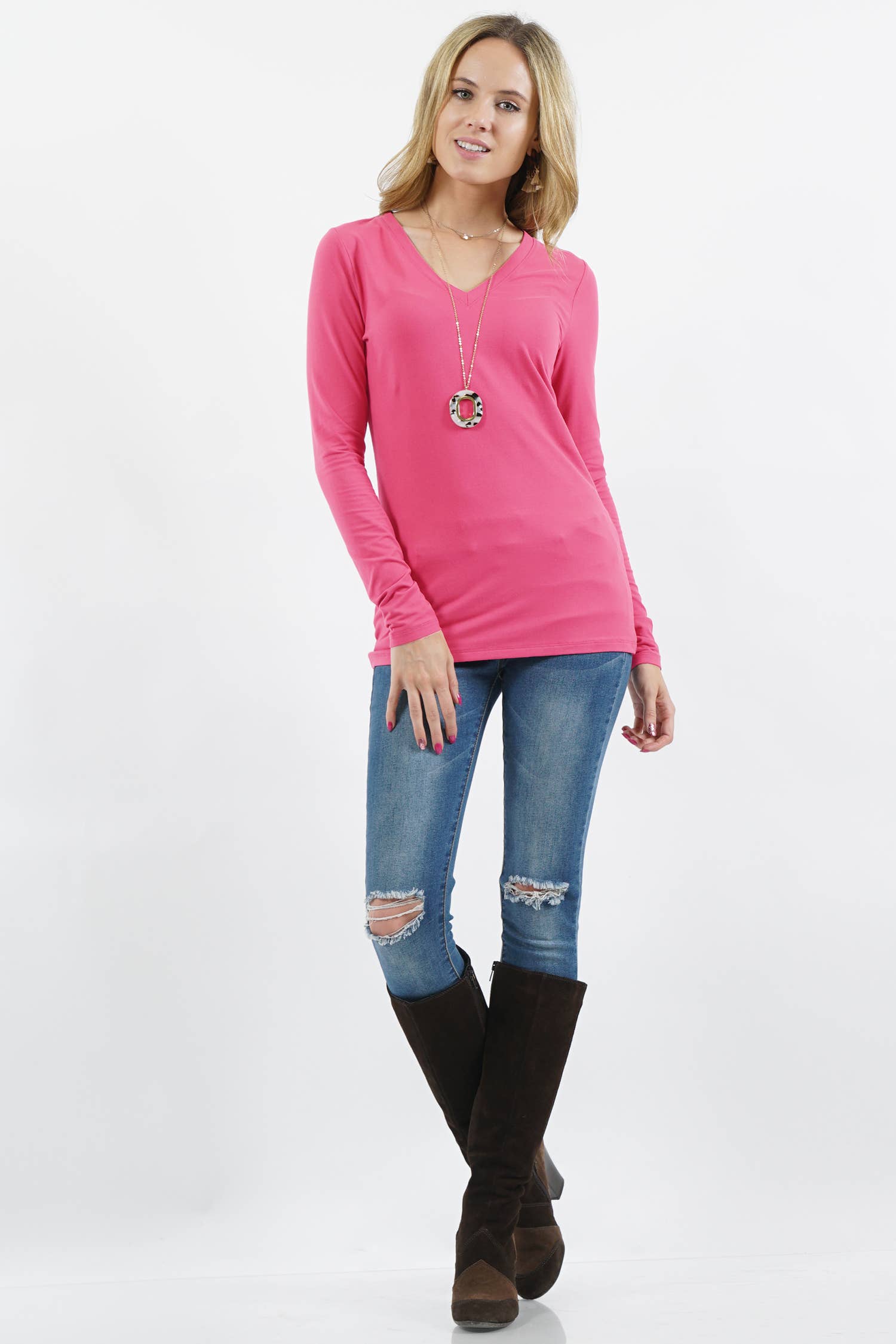 42POPS – Großhandel T-Shirt – Damen – Mikrofaser Langarm V-Ausschnitt T-Shirt5