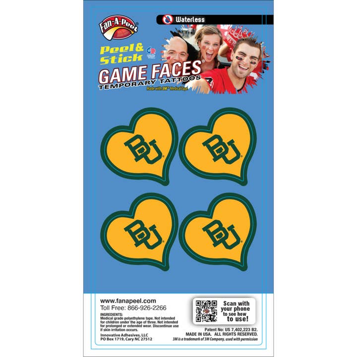 Baylor Game Faces® Temporary Tattoos for wholesale by Fanapeel / Gamefaces