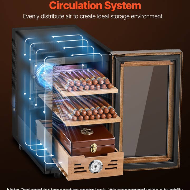 VEVOR Humidor Elétrico, 23L, 150 Charutos Humidor Elétrico com Controlo de Temperatura de Arrefecimento, Prateleiras e Gavetas em Madeira de Cedro Espanhol, Higrómetro Mecânico, 3 Camadas, Refrigerador para Uso Doméstico por atacado de Slow Burn Flame