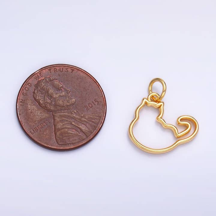 Aim Eternal - Wholesale Individual Charm/Pendant - 24K Gold Filled Open Fat Cat Pet Silhouette Outline Charm in Gold & Silver | W3381