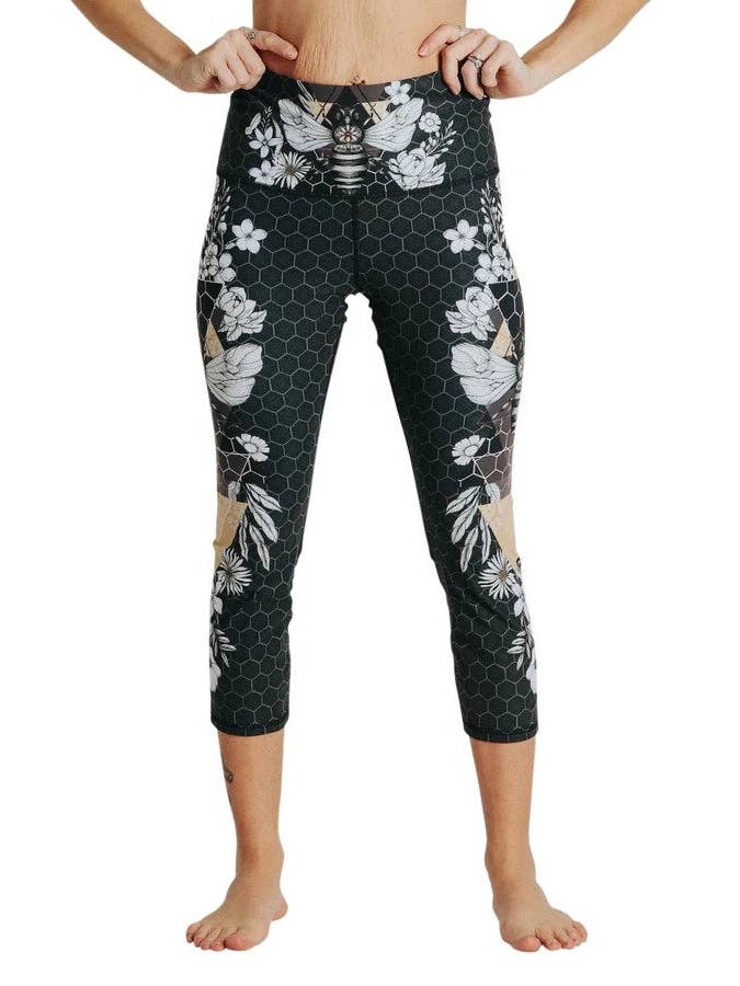 Yoga Democracy - Wholesale Athletic/Lounge Leggings - Women's - Blackout Beeloved Printed Yoga Crops0