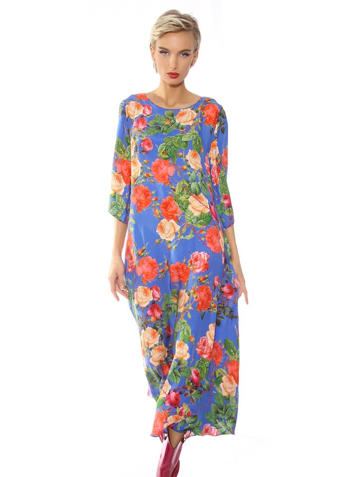 Silk floral blue dress for wholesale by Maya Seyferth