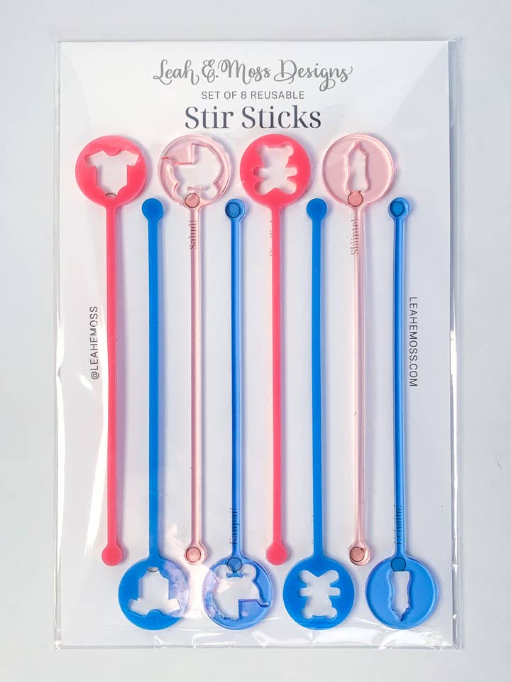 Baby blue and pink stir sticks, gender reveal for wholesale by Leah E. Moss Designs