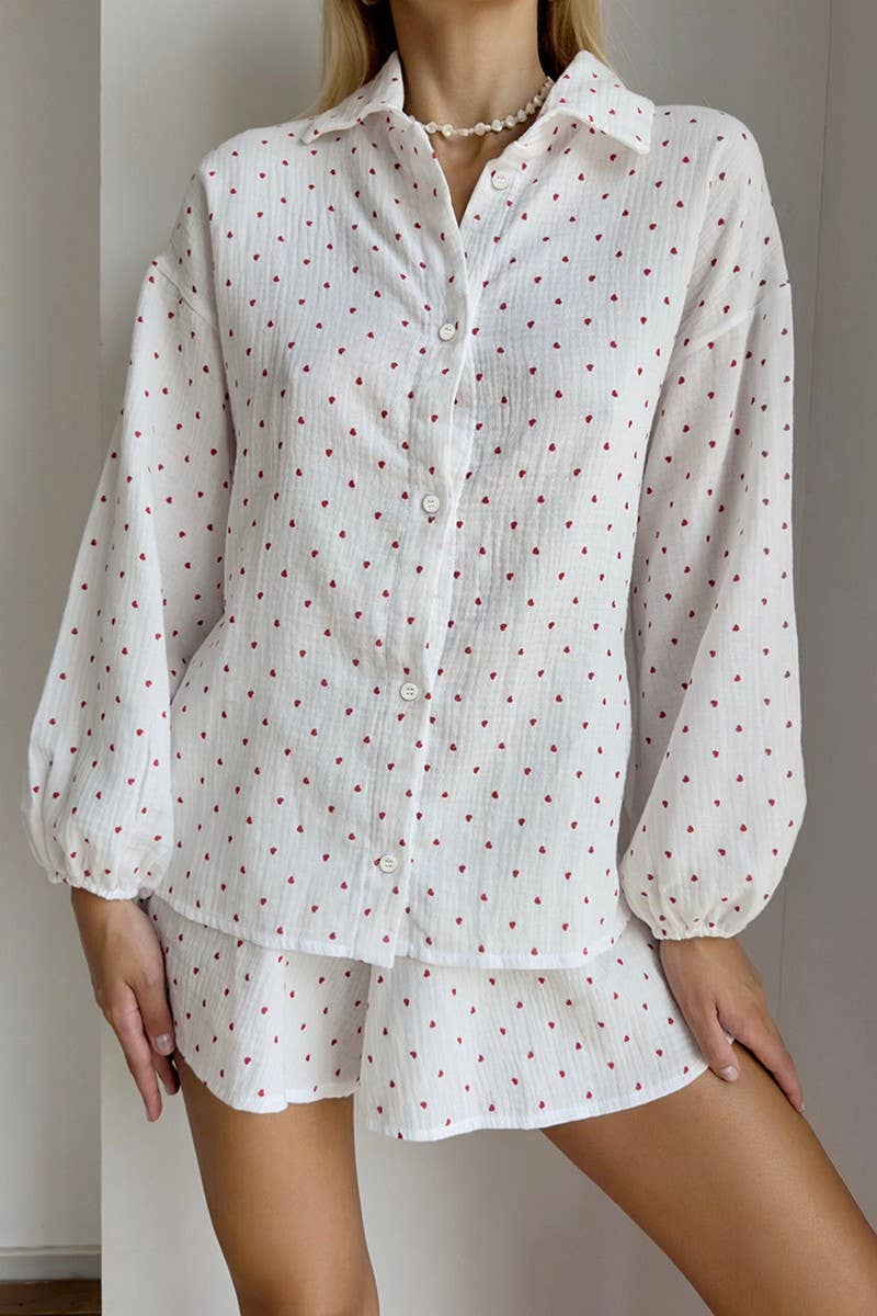 White CWSPJ0069_LONG SLEEVED SHIRT WITH BUTTONS SHORTS PAJAMAS SET for wholesale on Faire0
