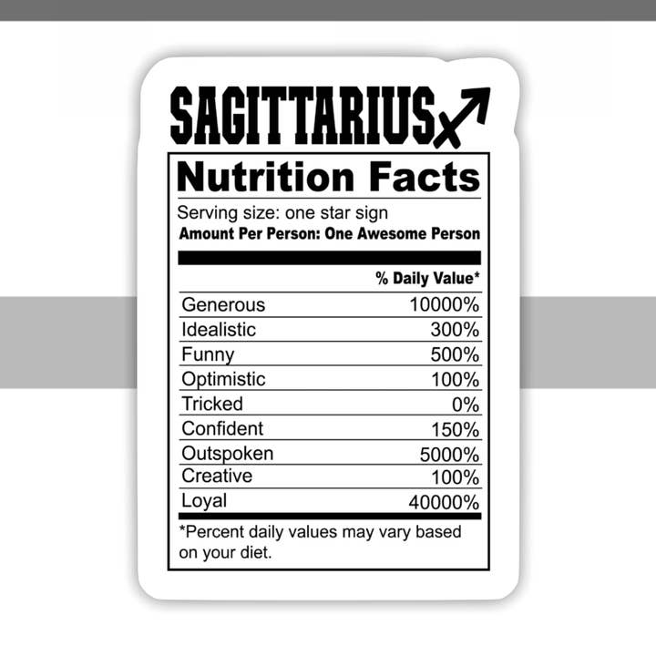 Sagittarius Nutrition Facts Zodiac Sticker for wholesale by Ace the Pitmatian Co