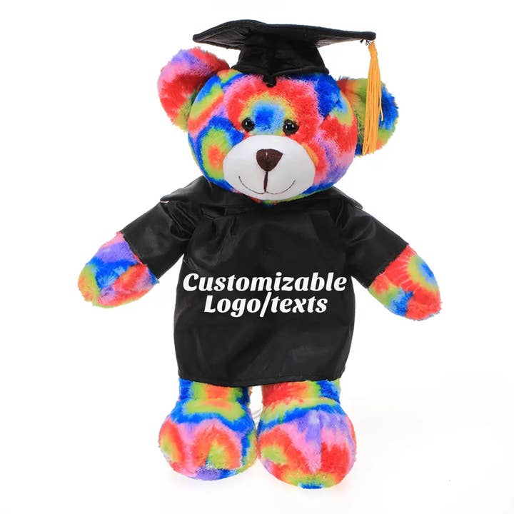 11″ Customizable Graduation Tie Dye Bear Plush in Cap & Gown for wholesale by Plushland