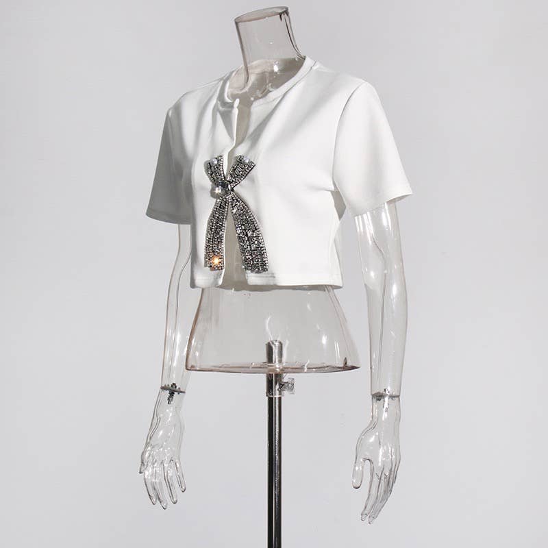 Productseeker - Wholesale Blouse - Women's - TP005 New Diamond Sequined Bow Cropped Top T-shirt5
