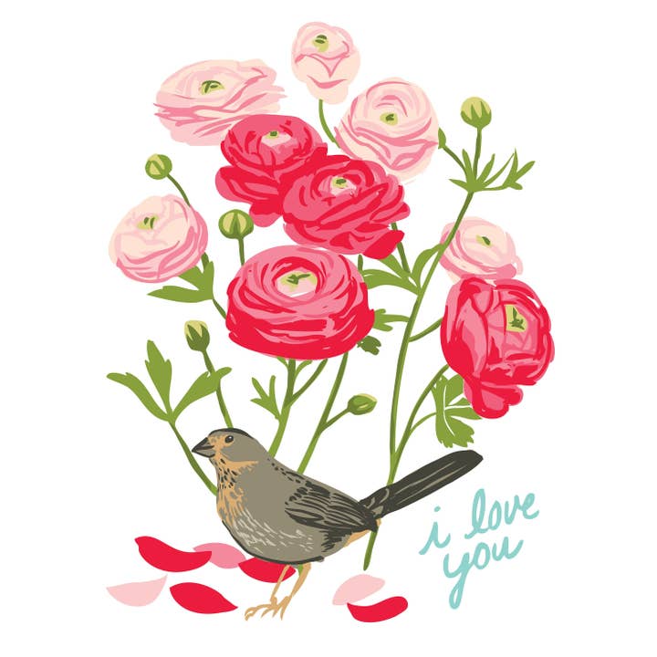 RLO-110 Ranunculus & Towhee - I Love You Magnet for wholesale by Rigel Paper